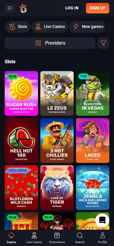 Slotlords Casino mobile games area with casino categories