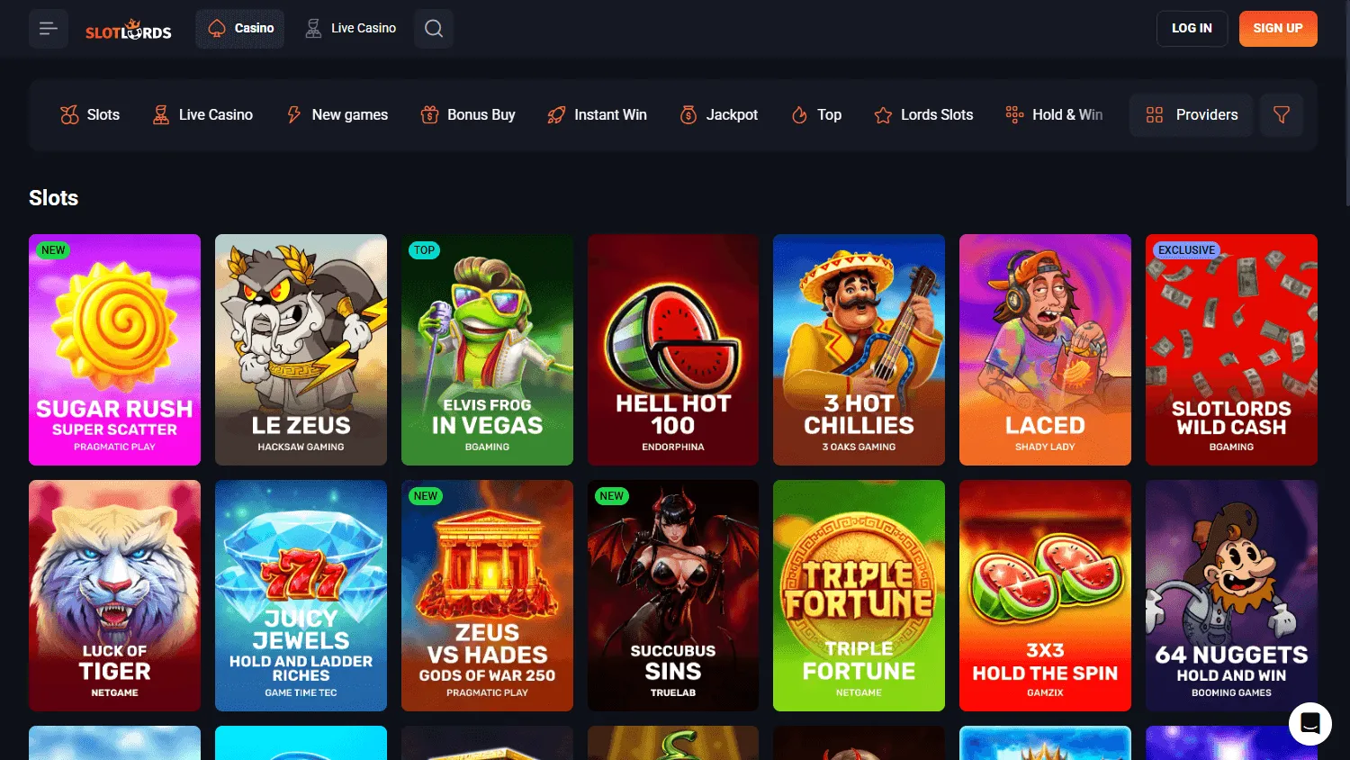 Slotlords Casino desktop games area with slots and casino titles