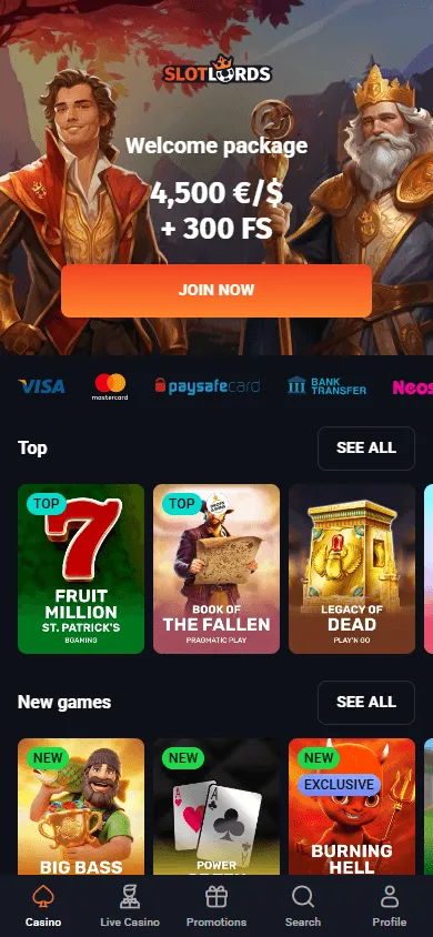 Slotlords Casino mobile game lobby on a smartphone