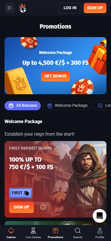 Slotlords Casino mobile promotions area with casino offers