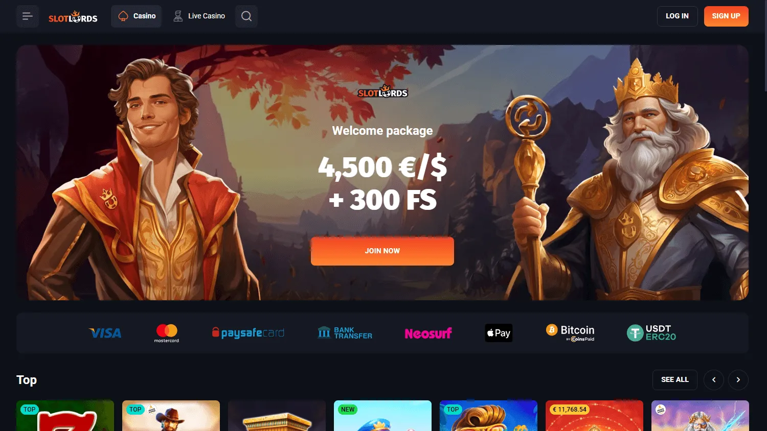 Slotlords Casino desktop game lobby with casino categories and game titles