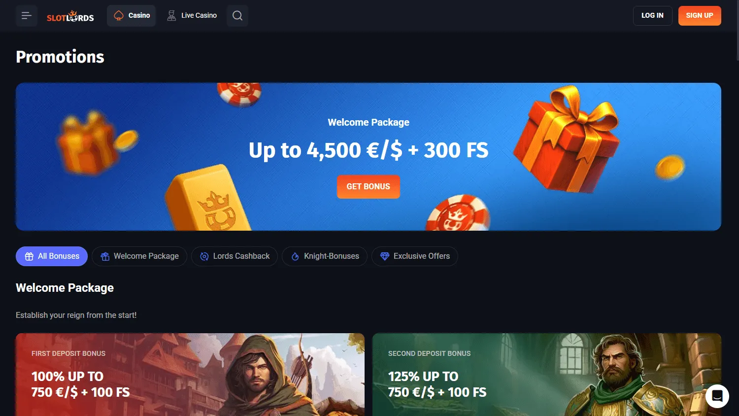 Slotlords Casino desktop promotions area with bonus and free-spin offers